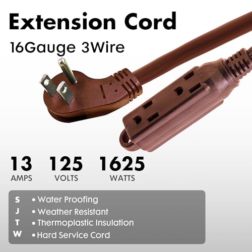 1 Ft Brown Flat Plug Extension Cord with 3 Outlets, 16 Gauge Heavy Duty - color: Brown, size: 1 FT