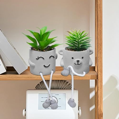 Zerzsy Fake Desk Plants in Cement Pots, Faux Plant Succulents Shelf Decorations, Funny Artificial Succulent Plants for Office Desk Decor, Cubicle Accessories - Set of 2 - color: 2 Pcs Set/a