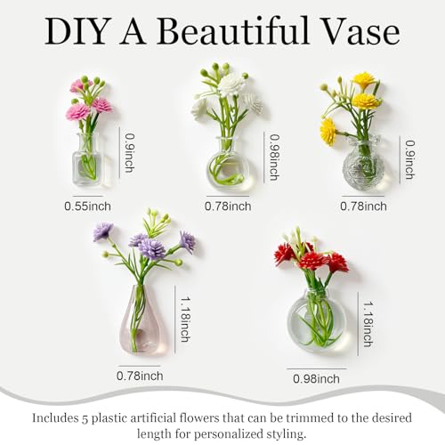 5 Pack Mini Glass Vase Magnets - Tiny Magnetic Plant Pots for Fridge