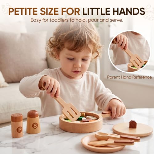 WHOHOLL 15 Pcs Wooden Pots and Pans Set - Play Kitchen Accessories Toys - size: Large