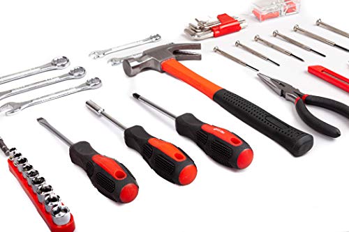 CARTMAN 148-Piece Household Tool Set, Red Tool Kit with Plastic Toolbox - color: Red