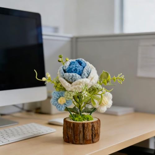 Crochet Blue Rose Flowers Bouquet for Women Office Desk Decor - color: Gradient Blue Roses