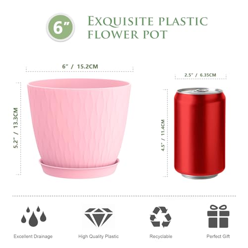 WSMKSZ 6 inch Flower Pots, 5 Pack Plant Pots with Drainage Holes and Saucers for Indoor Plants, Plastic Planters with Water Ripple for Small Garden House Plants, Nursery Pots for Succulent, Colorful - color: Colorful, size: 6inch 5pcs