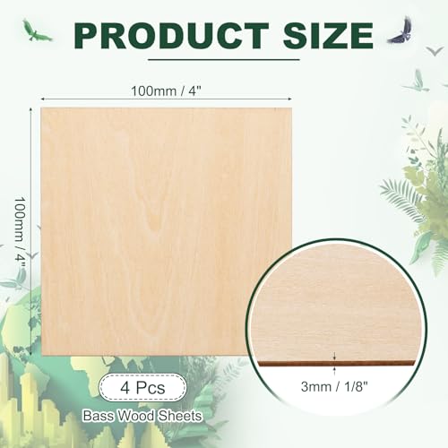 HARFINGTON 4pcs 3mm Basswood Plywood Sheet 4"x4"x1/8" Thin Plywood Board - size: 4"x4"x1/8"(3mm Thick)