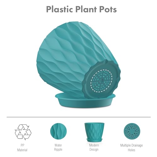 Meowell 6 inch Flower Pots, 5 Pack Plant Pots for Indoor Plants, Water Ripples Plastic Planters with Drainage Holes and Saucers, Nursery Pots for Small Succulent Garden House Plants, Blue Green - color: Blue Green, size: 6 inch 5 pieces