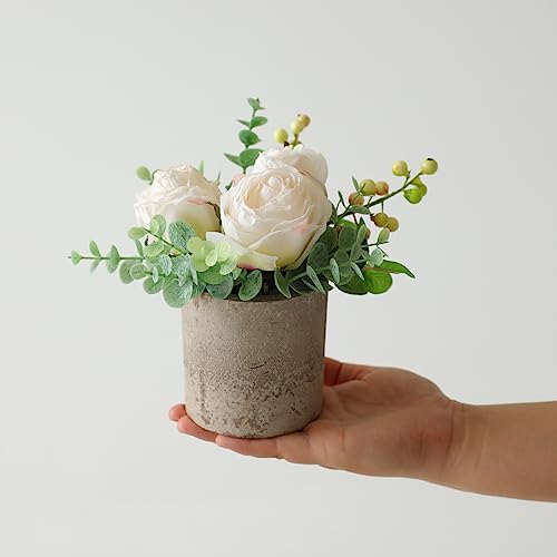 Artificial Burnt White Rose Potted Plant, Mini Faux Floral Decor - color: Burnt White