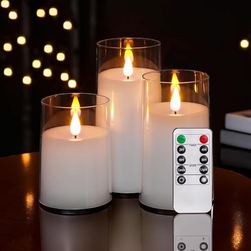 NICEME Flickering Flameless Candles with Remote Control Timer Unbreakable Acrylic Battery Operated LED Candles with Flickering Flame 3D Wick for Romantic Ambience Home Decor Set of 3, D3” xH4” 5” 6” - color: Ivory + Clear Acrylic, size: D 3”×H 4”5”6”