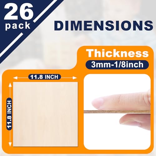Basswood Sheets 12 x 12 x 1/8 Inch, 26 Packs Plywood Sheets Unfinished Wood for Crafts 3mm Thick Basswood for Laser Cutting, DIY Architectural Models, Engraving, Wood Burning, Painting