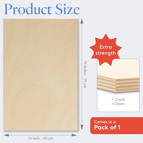 Baltic Birch Plywood 24 x 36 x 1/2 Inch - 12 mm Craft Wood, Pack of 1 B/BB Grade, Stronger Than Basswood Sheets or Balsa Wood, Perfect for Laser, CNC Cutting, Wood Shelves, by Woodpeckers - size: 24" x 36"