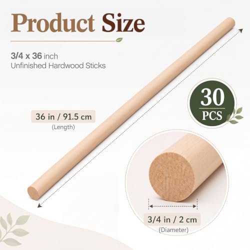 SiliFine 30 Pcs Round Wood Dowel Rods, 3/4 x 36 Natural Pine Wood Stick