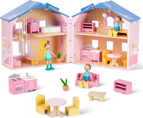 Exquisite Pink Wooden Dollhouse for Girls with Dolls and Furniture