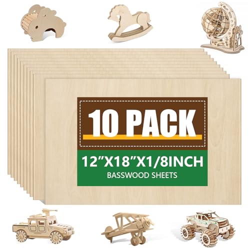 10 Pack Basswood Sheets12x18x1/8 Inch, Unfinished Wood for Crafts, 3mm Basswood for Laser Cutting & Engraving, Wood Burining,Architectural Models, Wood Board for Painting. - size: 10P 12x18x1/8in