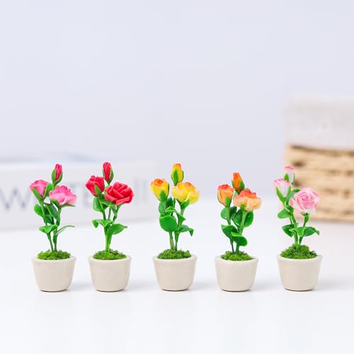5 Miniature Roses Fridge Tiny Magnets Flower Clay Pots Collection Set Ceramic Plants Scale 1:12 For Gifts Home Office Kitchen Decoration