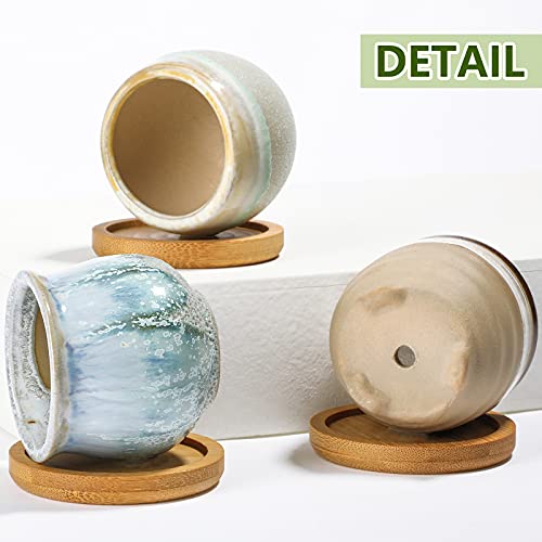Remerry 12 Pcs Ceramic Succulent Pots 2.5 Inch with Bamboo Trays Small Pots - size: 2.5 Inch