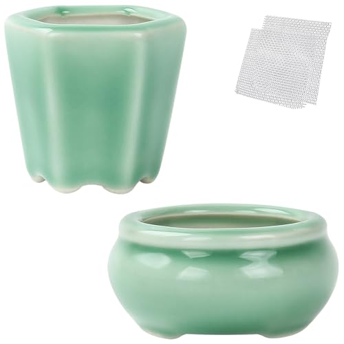 Bonsai Planter Succulent 2.4-2.8" (6-7cm) Mini Green Pots Value Set of 2 - color: Green 2pc