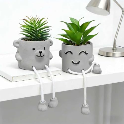 Zerzsy Fake Desk Plants in Cement Pots, Faux Plant Succulents Shelf Decorations, Funny Artificial Succulent Plants for Office Desk Decor, Cubicle Accessories - Set of 2 - color: 2 Pcs Set/a