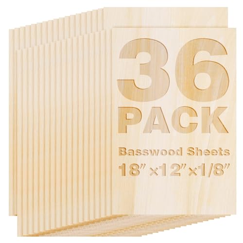 Basswood Sheets 18"x12"x1/8",3mm Basswood for Laser Cutting,Thin Plywood Board Unfinished Wood for Crafts, DIY Architectural Models Making, Wood Engraving (18inchx12inch-1/8-36Packs) - size: 18inchx12inch-1/8-36Packs