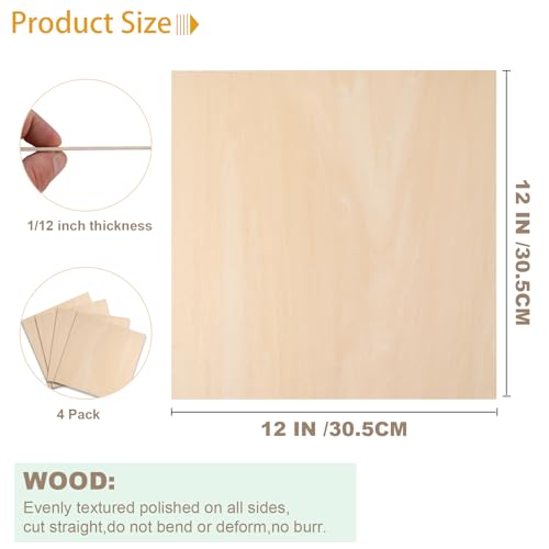 4 Pack Basswood Sheets 12x12x1/12 Inch, Plywood Sheet Unfinished Wood Boards Blanks for Laser Cutting, Engraving, Burning, Crafts