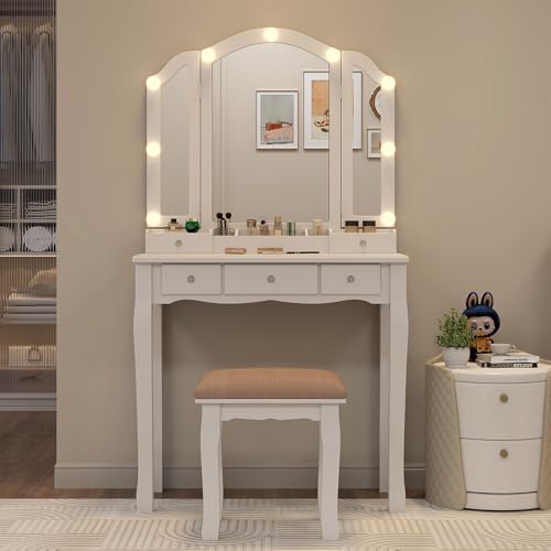White Vanity Desk with Mirror and Lights Makeup Vanity Set Teen Vanity Mirror with Lights Desk and Chair Makeup Vanity Table Makeup Vanity with Drawers - style: White
