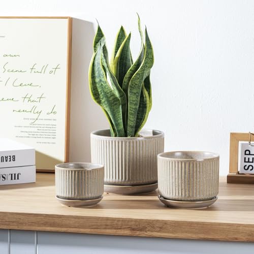 SURE YUESI Ceramic Plant Pots Set of 3, Indoor Outdoor Planters with Drainage Hole and Saucer, Ceramic Flower Pots for Indoor Plants, 4.3+5.5+6.8 Inch, Home, Garden, Patio and Office, Matte Grey - color: Speckle Gray