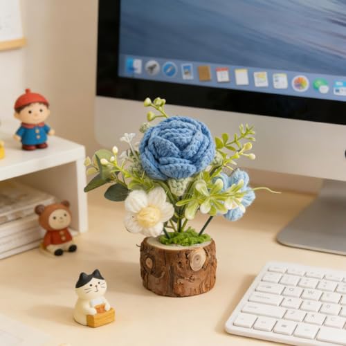 Crochet Blue Rose Flowers Bouquet for Women Office Desk Decor - color: Blue Rose