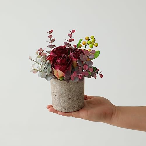 Artificial Burnt Burgundy Rose Potted Plant, Mini Faux Floral Decor - color: Burnt Burgundy