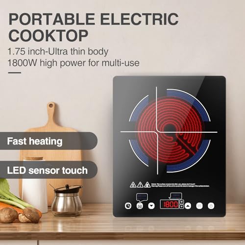 VBGK Electric Cooktop,110V Electric Stove Top,Single Burner LED Touch Control,9 Power Levels, Kids Lock &Timer,Overheat Protection,1800W Portable Induction Cooktop.