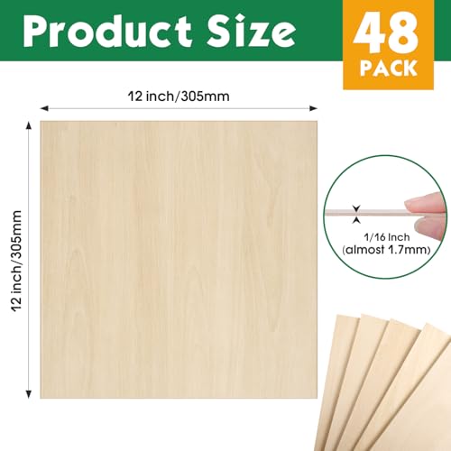 48 Pack Basswood Sheets 1/16x12X12Inch,Plywood Sheets for Crafts.Unfinished Wood Boards for Laser Cutting & Engraving,Burning,Balsa Wood Sheet for Painting. - size: 48P 12x12x1/16in