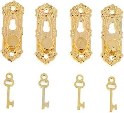 4 Set Gold 1/12 Miniature Door Knob Lock and Key Dollhouse Decoration Accessories，Dollhouse Accessories，Dollhouse Decor