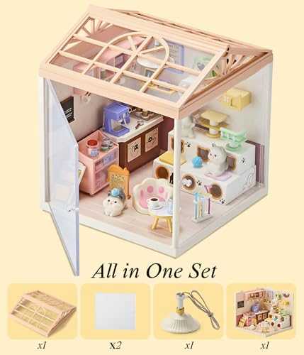 Cute Cat Cafe DIY Miniature House Kit with Roof & LED Light, Stackable & Connectable Dollhouse Kit with Dustproof Door, Creative DIY Crafts Building Toy Gift for Adults Teens - color: Cat Cafe, size: Meduim