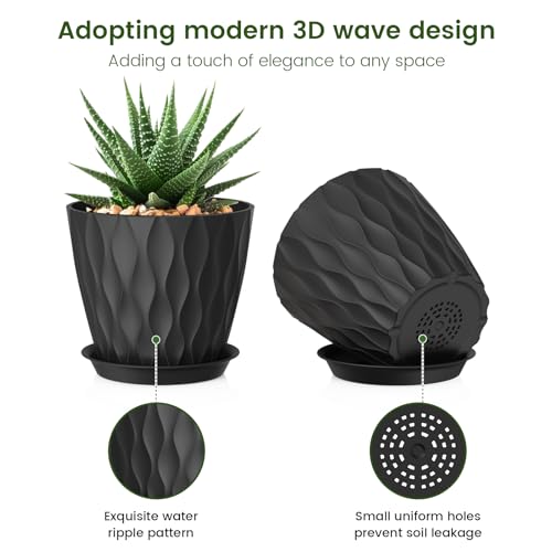 Meowell 5 inch Plant Pots for Indoor Outdoor Plants, 6 Pack Thick Nursery Pots with Drainage Holes and Saucers, 3D Modern Wave Texture Small Plastic Planter Flower Pots for Succulent, Herb, Black - color: Black, size: 5 inch 6 pieces