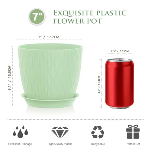 WSMKSZ 7 inch Flower Pots, 5 Pack Plant Pots with Drainage Holes and Saucers for Indoor Plants, Plastic Planters with Water Ripple for Small Garden House Plants, Nursery Pots for Succulent, Green - color: Green, size: 7inch 5pcs