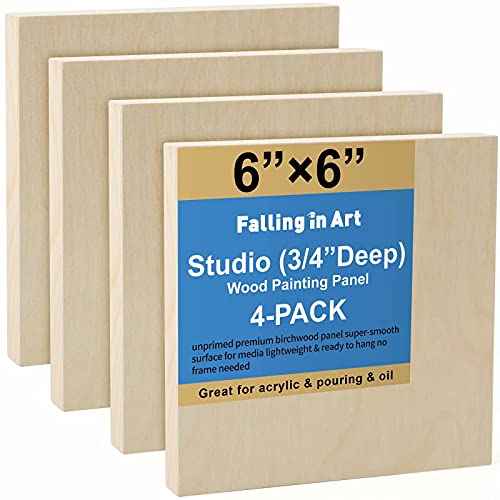 Falling in Art 4 Pack 6x6’’ Unfinished Birch Wood Panels Kit for Painting - size: 6'' x 6'' Studio