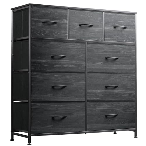 WLIVE Tall Dresser for Bedroom, 9 Drawer Chest of Drawers, Black Wood Grain - color: Charcoal Black Wood Grain Print