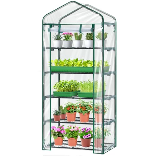Mini Greenhouse for Outdoors Indoor: Ohuhu 23 x 19 x 75-Inch Small Plants Green House with 5 Tier Shelves, Portable Plastic Greenhouses with Heavy Duty Clear PVC Cover for Garden Patio Porch Balcony - color: Clear, size: 5 Tier Single Layer Roof