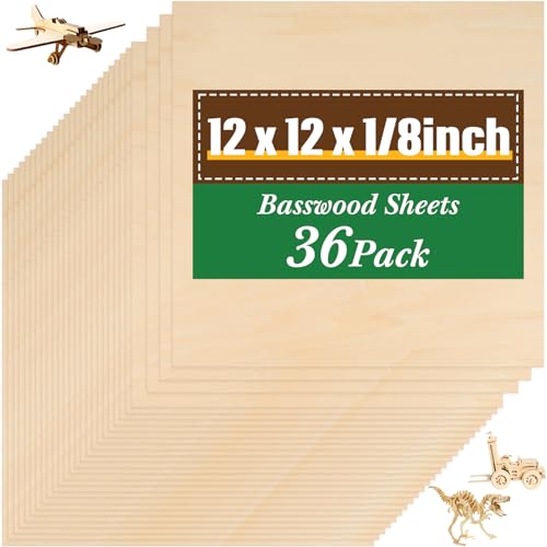 Riakrum Basswood Sheets Plywood Board Unfinished Wood Boards for Crafts for DIY Laser Projects Architectural Mini House Building Hobby Model Making(12 x 12 x 1/8 Inch,36) - size: 12 x 12 x 1/8 Inch