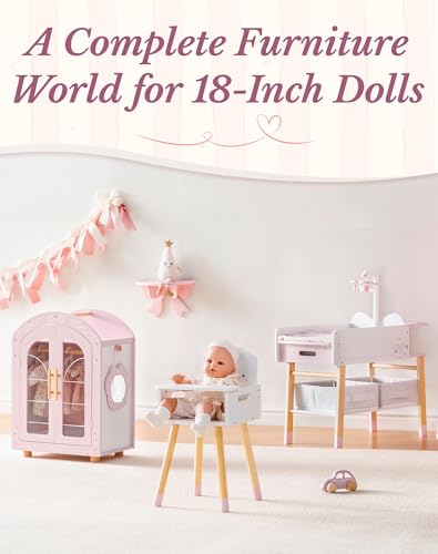 ROBOTIME 18 Inch Doll Changing Table, Wooden Baby Doll Bed with Storage Bins & Drawer, Pink Doll Nursery Furniture for 18 Inch Dolls, Baby Doll Furniture for Pretend Play