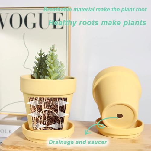 vensovo 4 Inch Yellow Terracotta & Clay Pots with Saucer, 6 Pack - color: Yellow