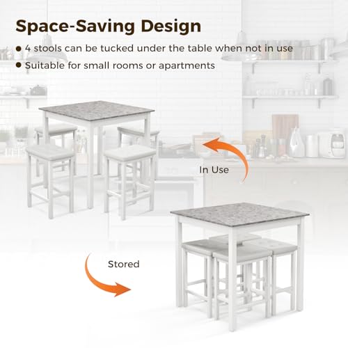 Giantex Dining Table Set for 4, Counter Height Dining Set with 4 Bar Stools, Space-Saving Kitchen Table Chairs Set for Small Place, Dinette, Breakfast Nook (White) - color: White