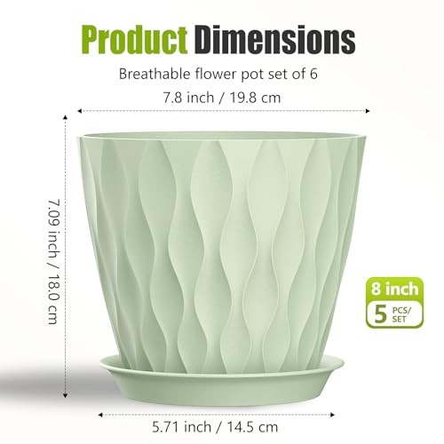 8 Inch Plastic Plant Pots,Set of 5 Flower Pots,Planters with Drainage Holes & Saucers, Indoor Outdoor Garden Pots for Home Decor(Green) - color: Green