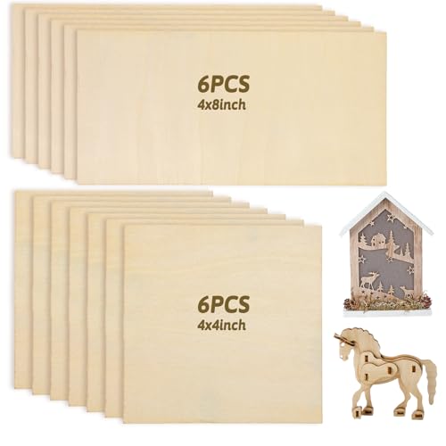 12PCS Balsa Wood Sheet, 2mm 4x8in and 4x4in Thin Unfinished Wood Boards Plywood Sheets Wood Sheets for Crafts for Laser Cutting DIY Crafts Architectural Models Wood Burning