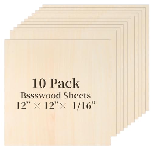 Balsa Wood, Plywood Sheet, Unfinished Basswood Blank, 12×12×1/16 in, 10 Pcs - size: 10 Pack -12X12X1/16 Inch