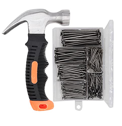 Picture Hanging Kit, cSeao 415 Pieces Hardware Nail Assortment Kit & 8oz Claw Hammer,Mini Hammer with Anti-Slip Handle,Common Nails, Wood Nails, Picture Hanging Nails, Wall Nails for Hanging - size: Nails Assortment with Hammer