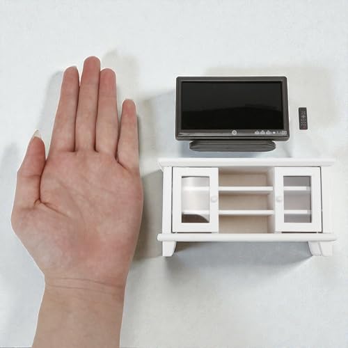 Dollhouse TV Stand with Television and Remote, 1/12 Scale Mini Miniature Furniture Accessories, White Wooden Cabinet Model for Living Room & Home Decoration, Tiny Decor Gift Set for Hobby Handcraft