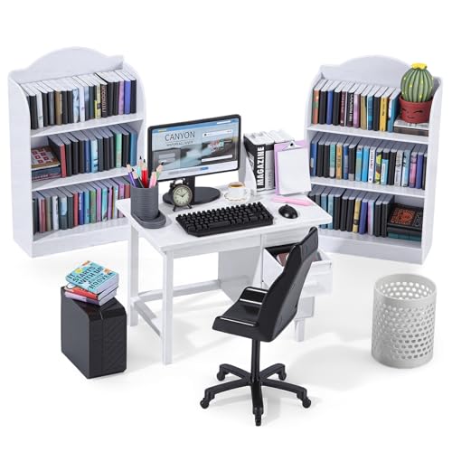 1:12 Scale Mini Desk Set with 100 Mini Books & 2 Bookshelves — Miniature Dollhouse Furniture Set with Office Chair, Computer & 15+ Accessories — Mini Desk Accessories for Doll House Diorama - color: Modern White