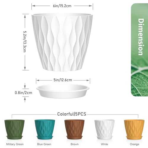 Meowell 6 inch Plant Pots, 5Pack Water Ripple Flower Pots for Indoor Outdoor Plants, Plastic Planters with Drainage Holes and Saucers, Nursery Pots for Small Succulent Garden House Plants, Multicolor - color: Colorful, size: 6 inch 5 pieces