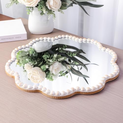 15inch Small Boho Beaded Flower Mirror for Wall Decor, Cute Decorative Hanging Wooden Circle Nursery Mirrors for Girl Room, Bedroom, Livingroom - color: Flower