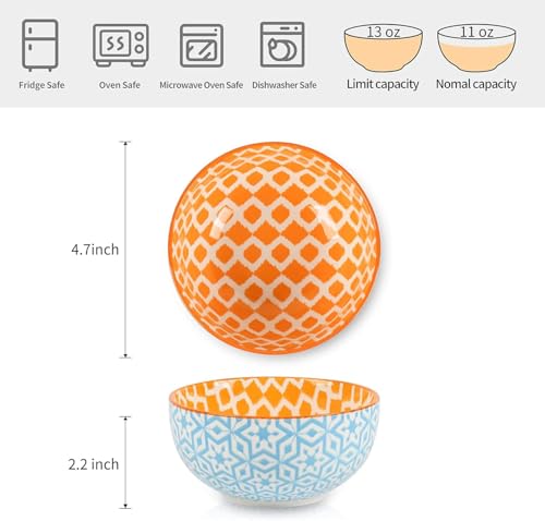 Selamica Ceramic 12 OZ Dessert Bowls Set, Ice Cream Bowls, 4.7 Inch Small Bowls for Ice Cream, Snack, Side Dishes, Microwave Dishwasher Safe, Set of 6 - color: Assorted Colors, size: 4.7 Inch