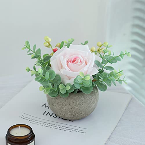 Artificial Light Pink Rose Potted Plant, Mini Faux Floral Decor - color: Light Pink