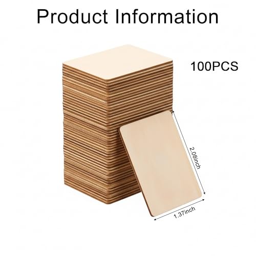 100 Pcs Unfinished Wood Pieces Blank Wood Squares Round Corner for Painting Writing Carving Letter Scrabble DIY (2.08” x 1.37” Rectangle) - color: Wood color